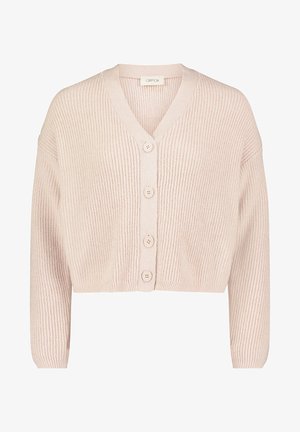 Sweter dziergany na szydełku w miękkim różowym kolorze, z dekoltem w kształcie litery V, krótkim kroju i pięcioma zapięciami na guziki z przodu. Długie rękawy z żeberkowymi mankietami.