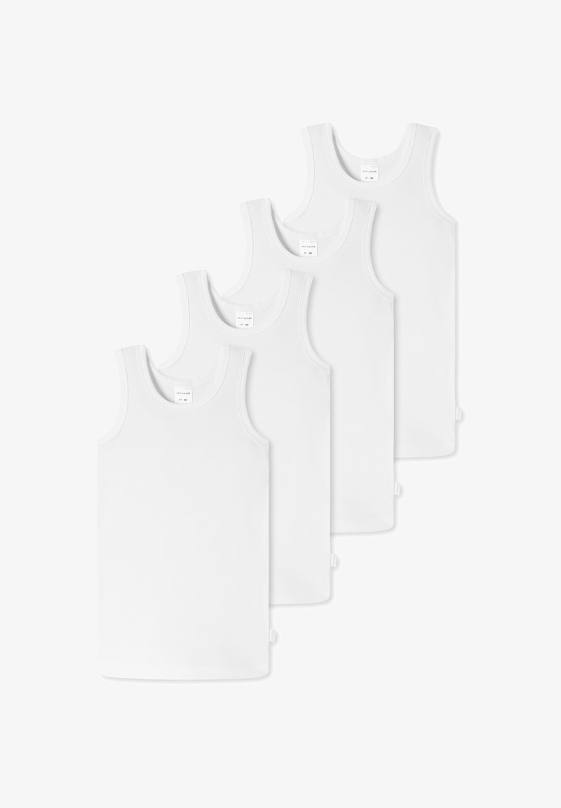 Quatre débardeurs blancs unis sans manches disposés en diagonale, chaque débardeur chevauchant légèrement le suivant, présentés sur un fond blanc.