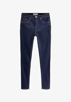 Sötétkék skinny farmer elöl és hátul zsebekkel, övhurkokkal és gombos záródással.