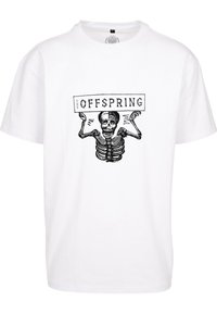 Valkoinen puuvillapaita, jossa on musta painatus: luuranko, joka pitää käsissään kyltti, jossa on teksti "THE OFFSPRING". Rentoa mallia, lyhyet hihat.