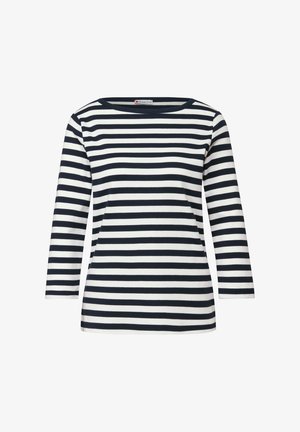 Gestreiftes Langarmoberteil mit marineblauen und weißen horizontalen Streifen, Rundhalsausschnitt und weichem Baumwollmaterial. Gerader Schnitt.