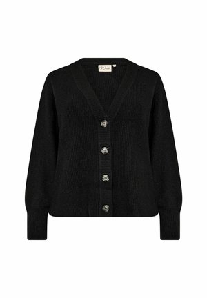 Cardigan nero lavorato a maglia con scollatura a V profonda, maniche lunghe e sei bottoni lucidi. La texture è morbida e accogliente, con dettagli a coste.