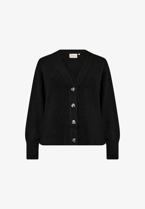 Cardigan tricotat negru cu decolteu adânc în V, mâneci lungi și șase butoane strălucitoare. Textura este moale și confortabilă, cu detalii canalate.