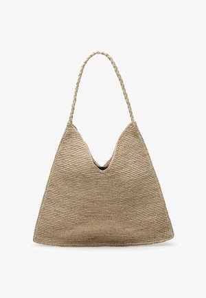Woven straw bag in neutral beige, featuring a V-shaped opening, braided handle, and textured surface, designed for a casual aesthetic.