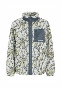 Giacca in pile con zip frontale, colletto alto e design a fantasie in bianco, grigio e verde. Presenta una tasca sul petto e polsini elasticizzati.