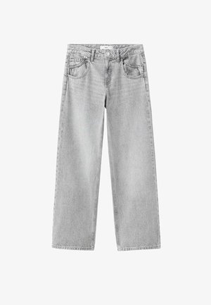 Lysegrå, vidbenede jeans lavet af bomuldsdenim. Har fem lommer og knaplukning. Slidt tekstur med synlige syningsdetaljer.