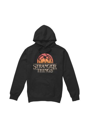 Black hoodie with front pocket, featuring a sunset graphic with silhouettes and the text "Stranger Things" on the chest.