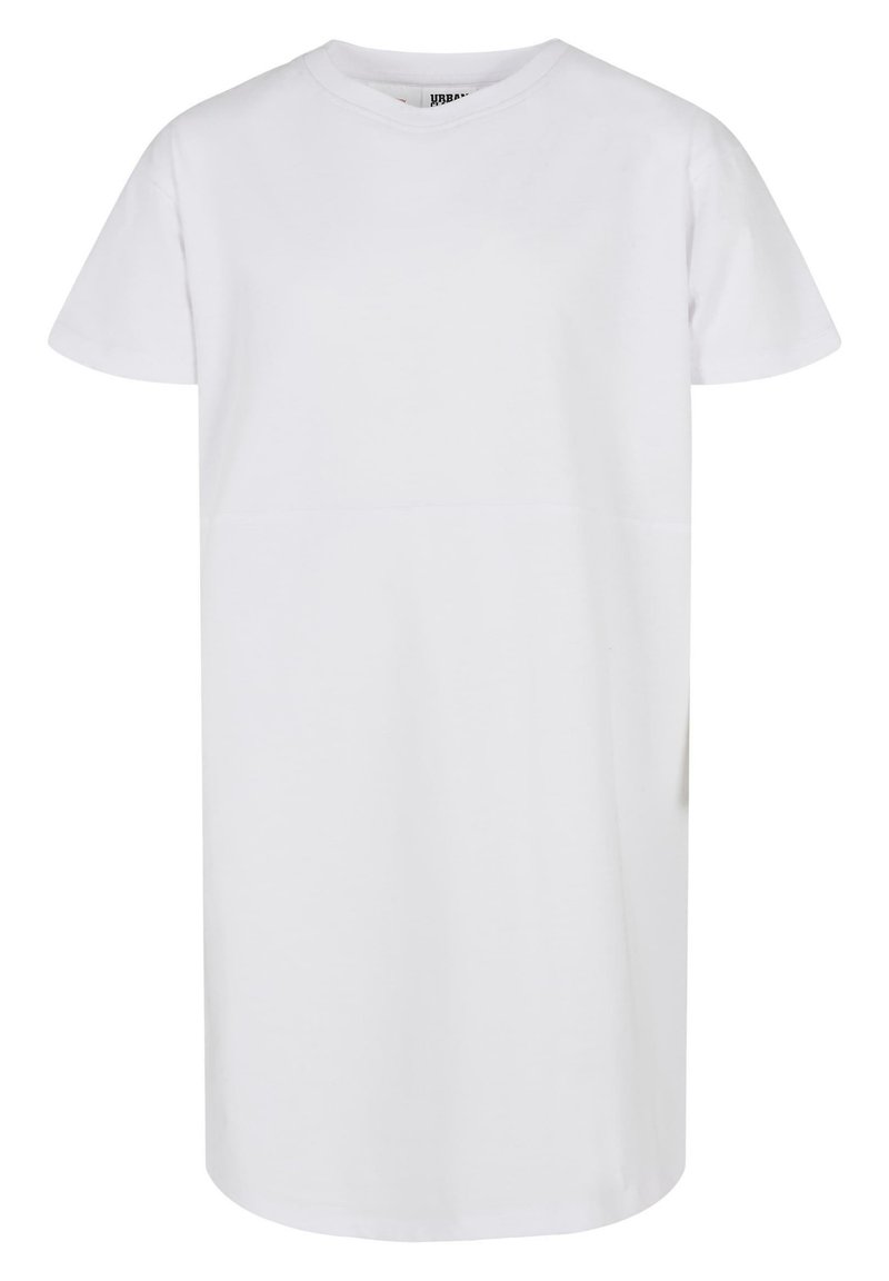 Robe t-shirt en coton blanc avec des manches courtes, un col rond, une coupe droite et une longueur mi-mollet. Texture lisse, détails minimaux.