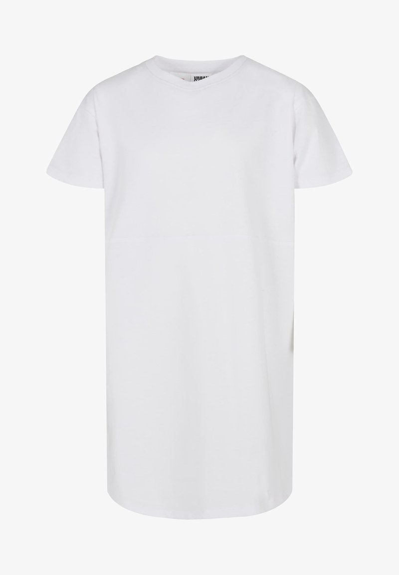 Biele bavlnené šaty s krátkymi rukávmi, okrúhlym výstrihom, priamym strihom a strednou dĺžkou. Hladká textúra, minimálne detaily.