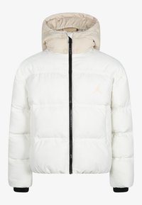 White puffer jacket with a beige hood, featuring a front zipper and black accents. Includes a small, gold logo on the left chest.