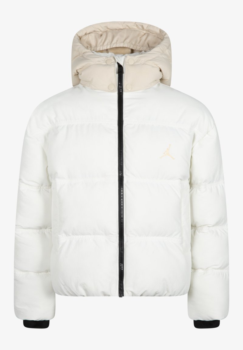 White puffer jacket with a beige hood, featuring a front zipper and black accents. Includes a small, gold logo on the left chest.