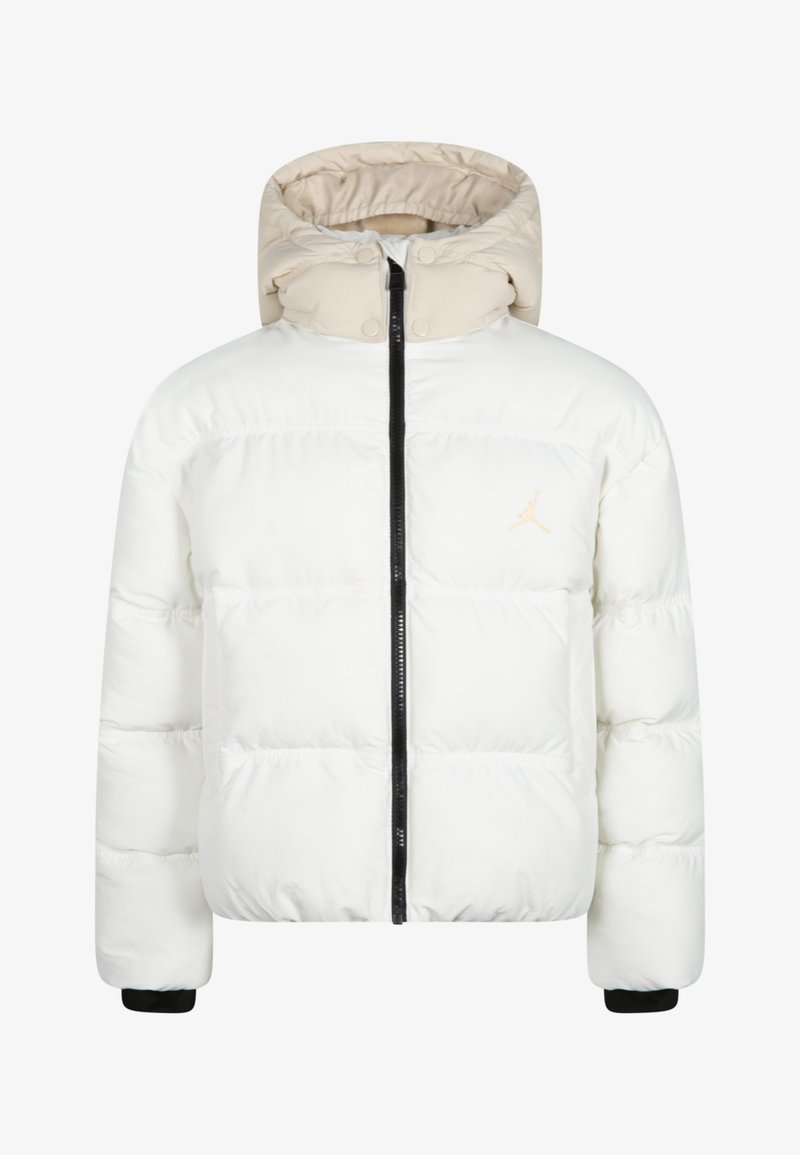 White puffer jacket with a beige hood, featuring a front zipper and black accents. Includes a small, gold logo on the left chest.