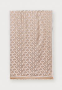 Ljusrosa scarf med ett upprepat MK-monogrammönster i beige, med fransiga kanter för extra textur. Mjuk tygmaterial.