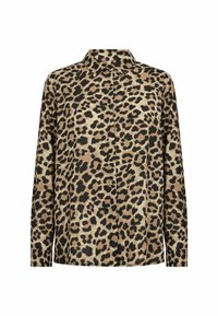 Blůza s leopardím potiskem v odstínech hnědé a černé, s límečkem a zapínáním na knoflíky, vyrobená z texturované tkaniny, s dlouhými rukávy.