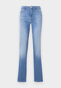 Light blue denim jeans with a flared shape, five-pocket design, and a front button closure. Faded at the hem for a gradient effect.