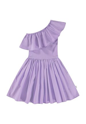 Violet mekko yhdellä olkaimella, jossa on röyhelökaulus, tiukka vartalonmyötäinen yläosa ja levenevä hame, jossa on ryppyinen texture. Sujuva kangas, kevyt muotoilu.
