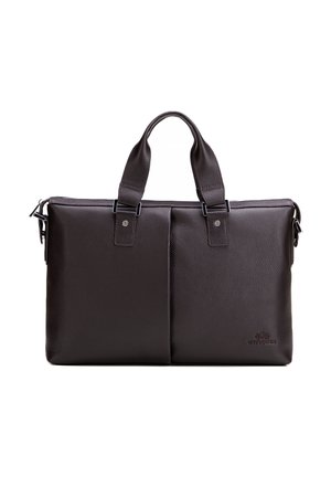 Ciemnobrązowa teczka ze skóry z fakturą, z podwójnymi uchwytami, metalowym zamkiem błyskawicznym i subtelnym tłoczonym logo w dolnym prawym rogu.