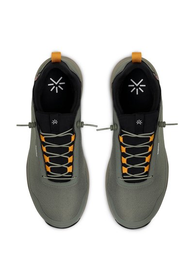 Lightweight grey outdoor shoes with a textured mesh upper, elastic laces in grey and orange, and a black padded collar. Features a pull tab.
