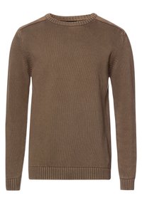 Brązowy sweter z dzianiny z okrągłym dekoltem, długimi rękawami, ściągaczami przy mankietach i u dołu, z teksturowanym wzorem na miękkim materiale.