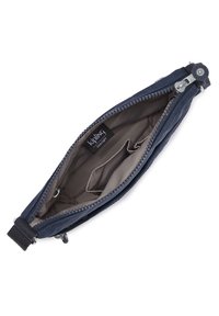 Navy blue Kipling pouch with a smooth exterior, zip closure, and fabric lining. Features interior compartments for organization.