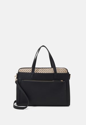 Sac à main structuré noir avec deux poignées supérieures, bandoulière amovible, poche zippée à l'avant et doublure intérieure beige à motif.