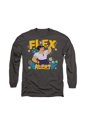 Dark long-sleeve shirt with cartoon strong woman flexing arm, surrounded by flowers, and text saying "Flex Alert" in yellow and blue.