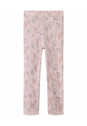Leggings rose clair pour tout-petit avec un petit motif floral dans des couleurs pastel douces et une ceinture élastique, présenté à plat sur fond blanc.