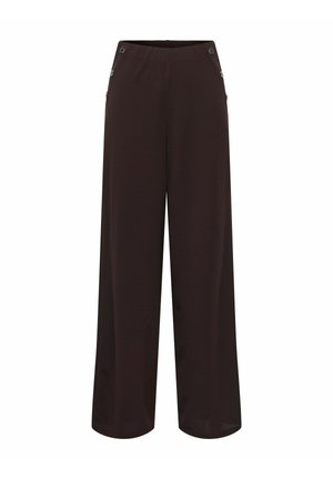 Pantalon large marron foncé avec des boutons décoratifs sur la taille haute, présenté sur un fond blanc.