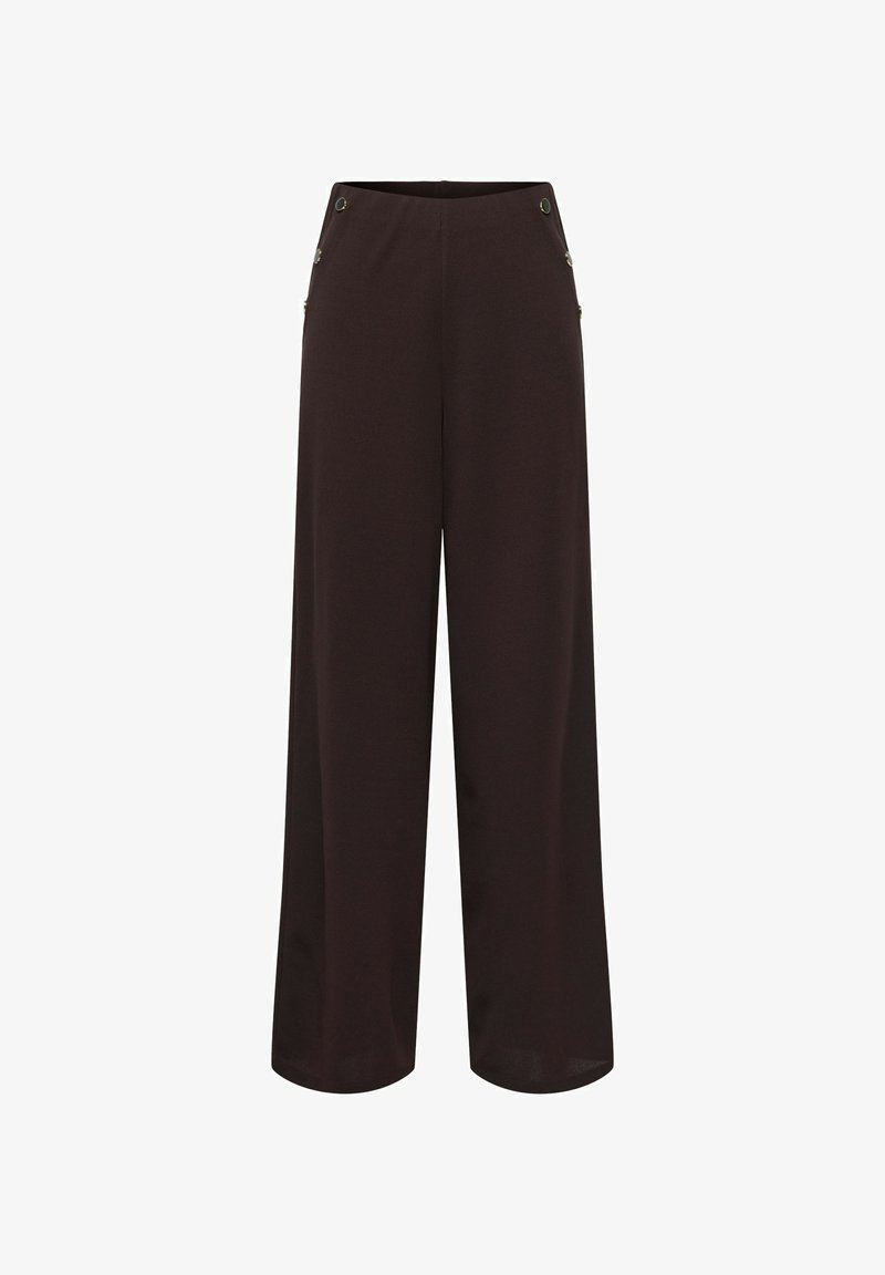 Pantalon large marron foncé avec des boutons décoratifs sur la taille haute, présenté sur un fond blanc.