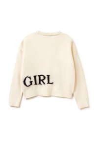 Sweter robiony na szydełku w kolorze kremowym z krótkim krojem. Posiada czarny, puszysty napis "GIRL" na plecach oraz prążkowany dekolt i mankiety.