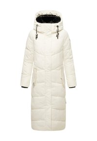 Long, white puffer coat with a hood, featuring a quilted design, side pockets, and black accents on the sleeves and hood lining.