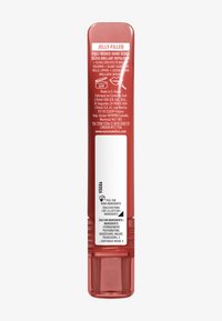 Red lip gloss tube labeled "Jelly Filled" with product details, usage instructions, and manufacturing information on the back.