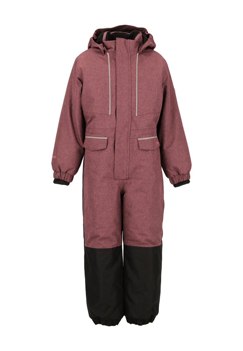 Rød og sort isoleret en-dels sn suit. Lavet af struktureret stof med hætte, elastiske manchetter og flere lommer til opbevaring.