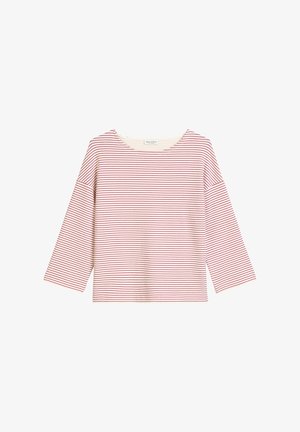 Long-sleeve, rounded neck top in cream with red horizontal stripes. Features a relaxed fit and boxy shape, made from soft cotton material.