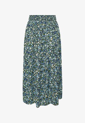 Midi-hame elastisella vyötärönauhalla, jossa on tiheä sininen, valkoinen ja vihreä kukkakuosi tummalla taustalla.