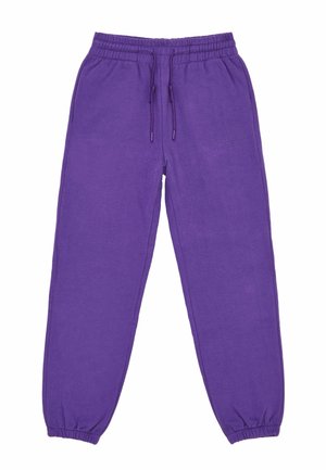 Pantalon de survêtement en polaire violet avec taille et poignets élastiques, fermeture par cordon et texte brodé discret sur la cuisse droite.