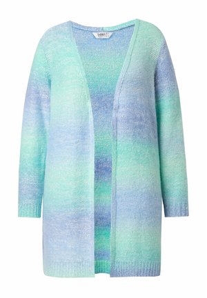 Lichte open voorkant cardigan in gradient tinten van mintgroen en blauw. Beschikt over lange mouwen, een textuurpatroon van breiwerk en geribde manchetten.