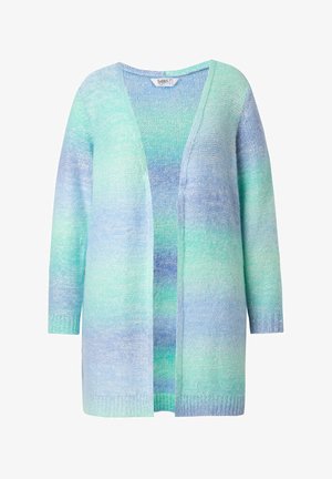 Leichte, offen gestaltete Strickjacke in Gradienten von Mintgrün und Blau. Besitzt lange Ärmel, ein strukturiertes Strickmuster und gerippte Bündchen.