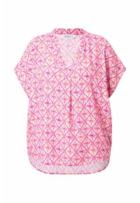 Top leggero in stile kimono rosa con scollatura a V, caratterizzato da un motivo floreale in tonalità di rosa e pesca. Vestibilità ampia e maniche corte.