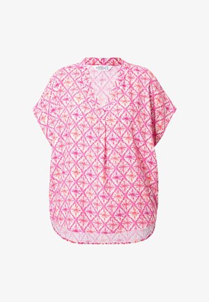 Leichter kimonoähnlicher Oberteil in Pink mit V-Ausschnitt, versehen mit einem floralem Muster in verschiedenen Tönen von Pink und Pfirsich. Lockere Passform und kurze Ärmel.