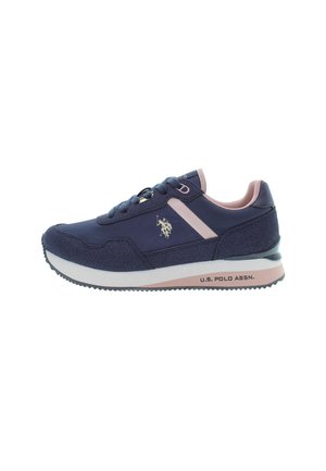 Scarpe sportive navy con tomaia testurizzata, dettagli rosa e suola bianca. Presentano un logo e un design con lacci. Suola resistente per una buona trazione.