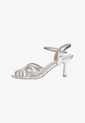 Sandalo argento con cinturini, caratterizzato da un tacco alto, design open toe e più cinturini orizzontali. Dettaglio con fibbia sul cinturino alla caviglia.