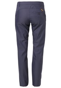 Navy trousers made from smooth fabric, featuring a tailored design, slim fit, and a back pocket with a zipper detail.