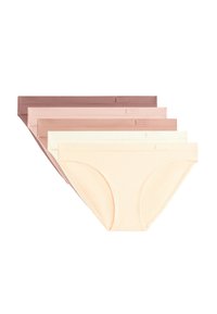 Vier paar damesonderbroeken in verschillende tinten: donkerbruin, lichtroze, beige en crème. Gemaakt van een zachte stof met een gladde textuur.