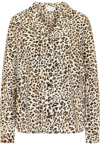 Leopardmönstrad knäppskjorta med krage, i beiga, svarta och bruna nyanser, designad med långa ärmar och en avslappnad passform.