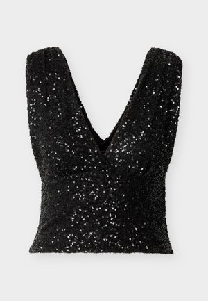 Μαύρο τοπ με παγιέτες, με βαθύ V λαιμόκοψη, χωρίς μανίκια και εφαρμοστή σιλουέτα, διακοσμημένο με λαμπερές παγιέτες που καλύπτουν το ύφασμα.