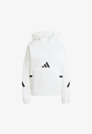 Sudadera blanca hecha de material suave; presenta acentos de logotipo en negro, un bolsillo frontal y mangas largas con puños elásticos.