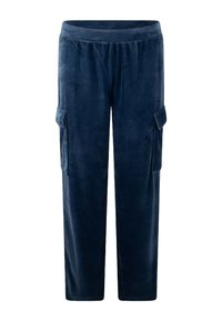 Pantalons cargo bleu marine en tissu doux, avec une coupe décontractée, une taille élastique et des poches latérales pour plus de praticité.
