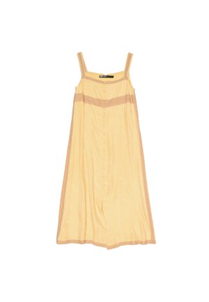 Bezrukávové svetložlté midi šaty s tenkými ramienkami, zapínané na gombíky vpredu a s horizontálnym priehľadným béžovým pásom cez hrudník a lem.