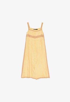Mouwloze midi-jurk in lichtgeel met dunne bandjes, een knoopsluiting aan de voorkant en een horizontale doorschijnende beige band over de borst en zoom.